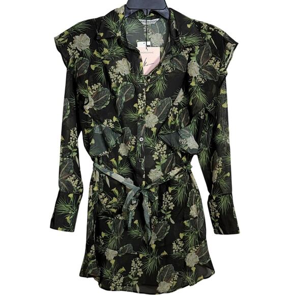 madisonne Dresses & Skirts - Madisonne Sheer peplum ruffle shirt dress sheer green/black Medium $69